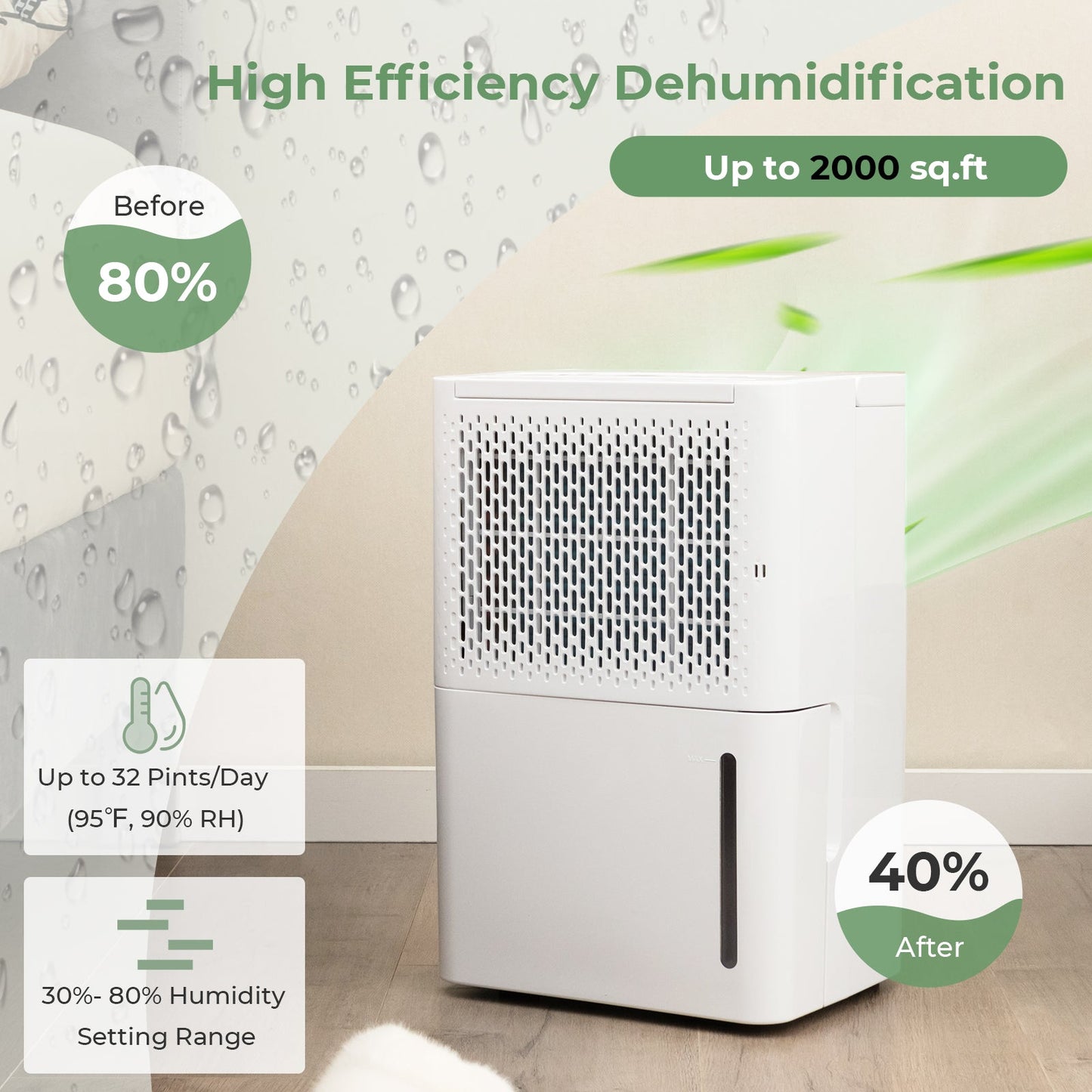 2000 Sq. Ft 32 Pint Dehumidifier with Continuous/Drying/Auto Mode-White 16"hx10.5"w