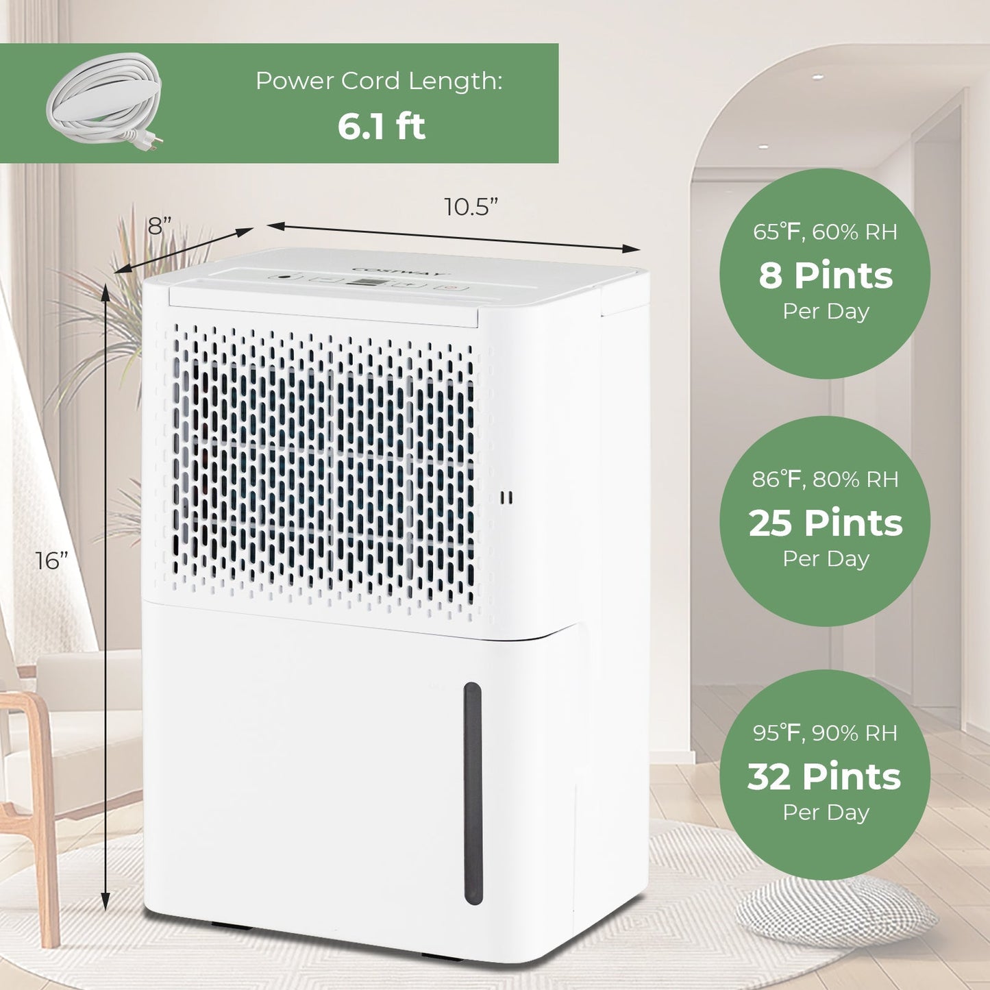 2000 Sq. Ft 32 Pint Dehumidifier with Continuous/Drying/Auto Mode-White 16"hx10.5"w
