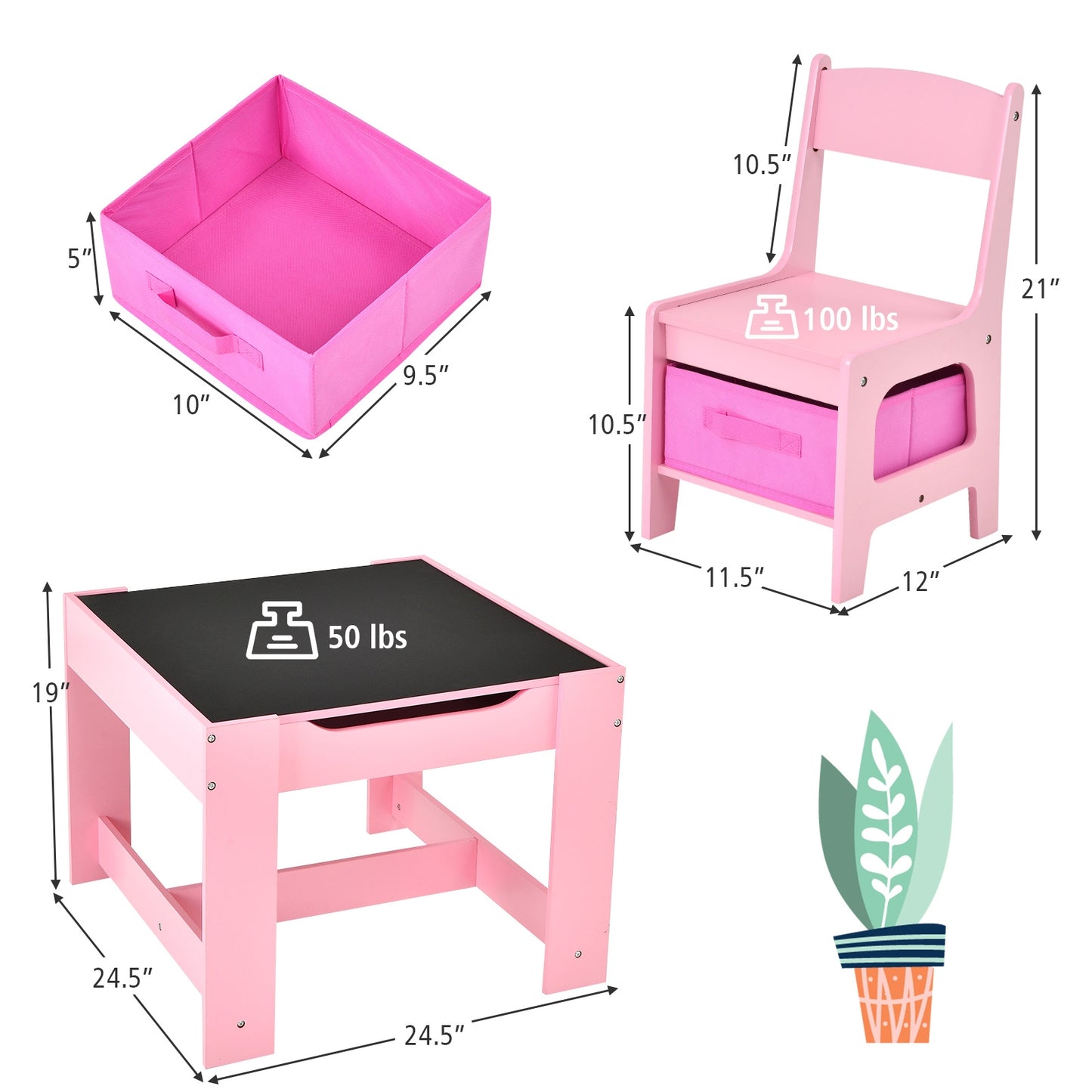 Kids Table Chairs Set With Blackboard Drawing-Pink - Fully Assembled - (Scratch and Dent)