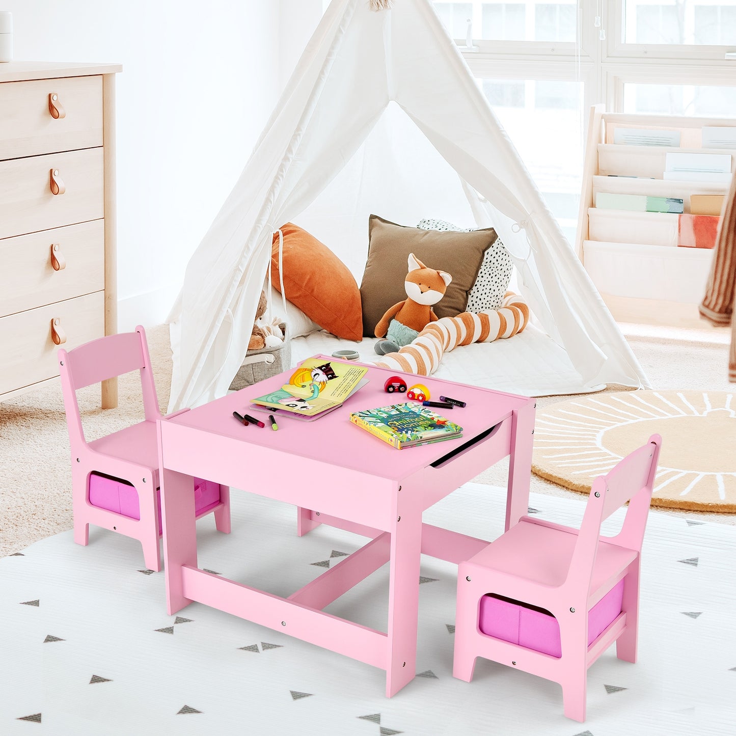 Kids Table Chairs Set With Blackboard Drawing-Pink - Fully Assembled - (Scratch and Dent)