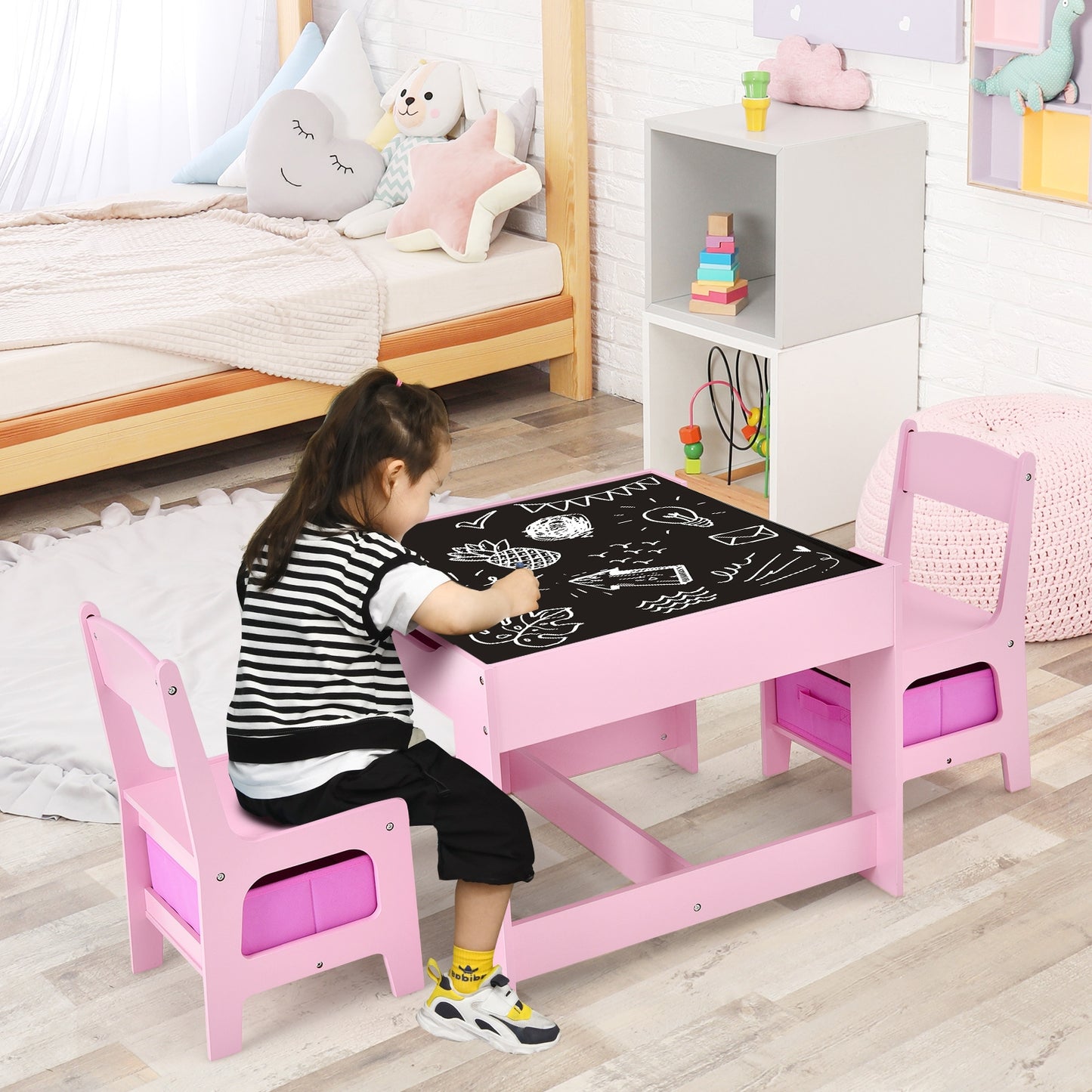 Kids Table Chairs Set With Blackboard Drawing-Pink - Fully Assembled - (Scratch and Dent)