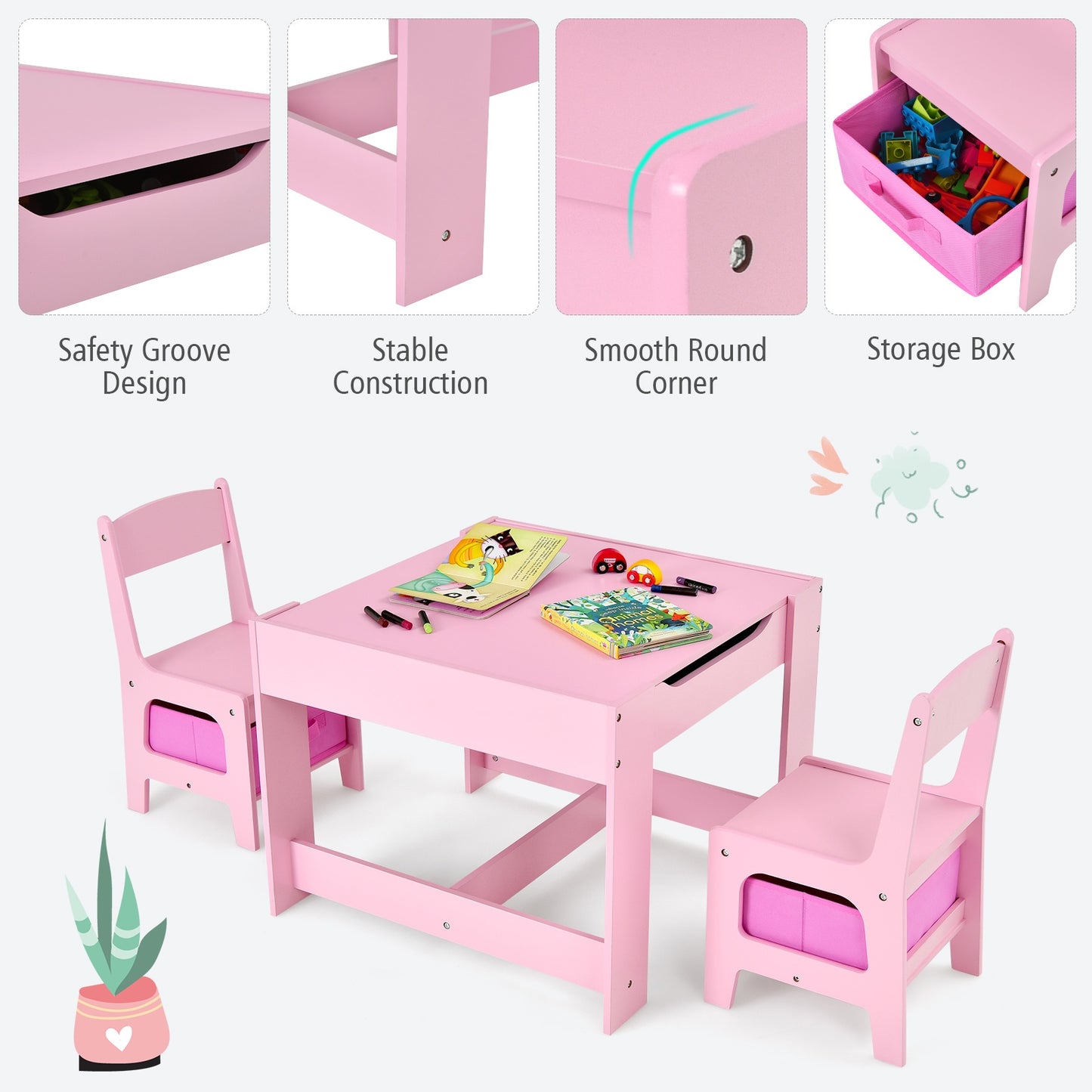 Kids Table Chairs Set With Blackboard Drawing-Pink - Fully Assembled - (Scratch and Dent)