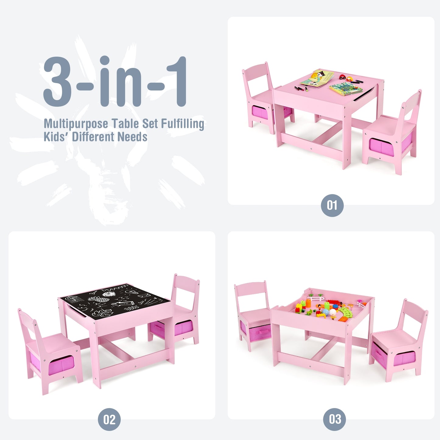 Kids Table Chairs Set With Blackboard Drawing-Pink - Fully Assembled - (Scratch and Dent)