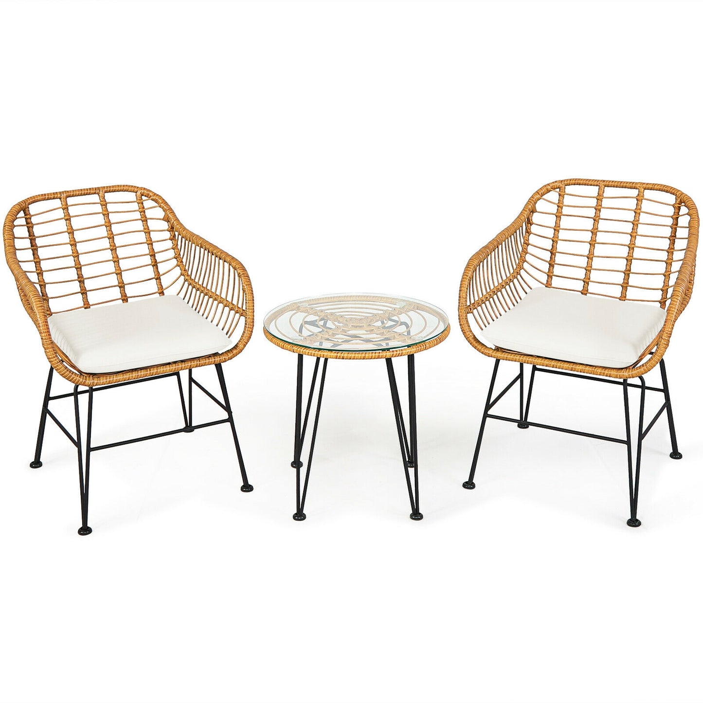 3 Pieces Rattan Furniture Set with Cushioned Chair Table-White  - Fully Assembled