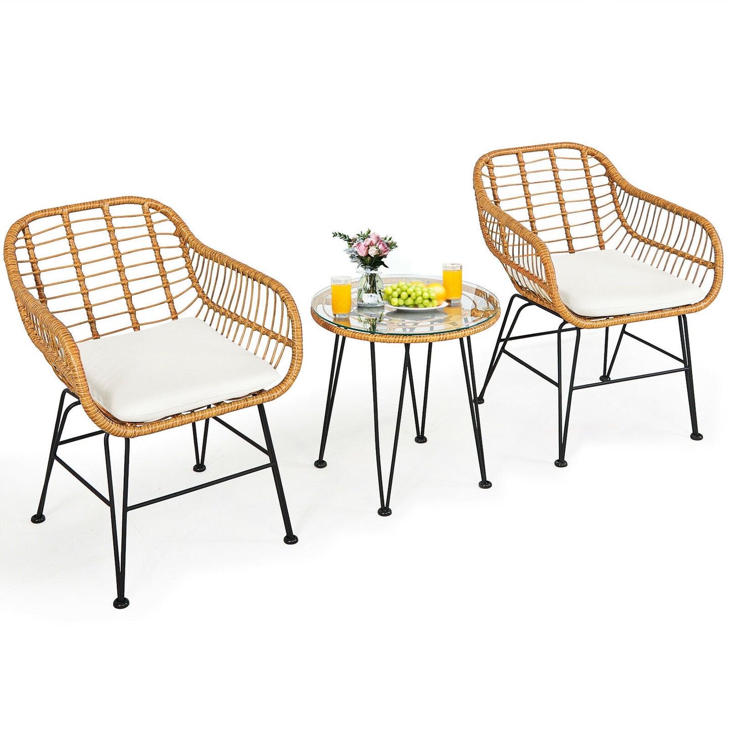 3 Pieces Rattan Furniture Set with Cushioned Chair Table-White  - Fully Assembled