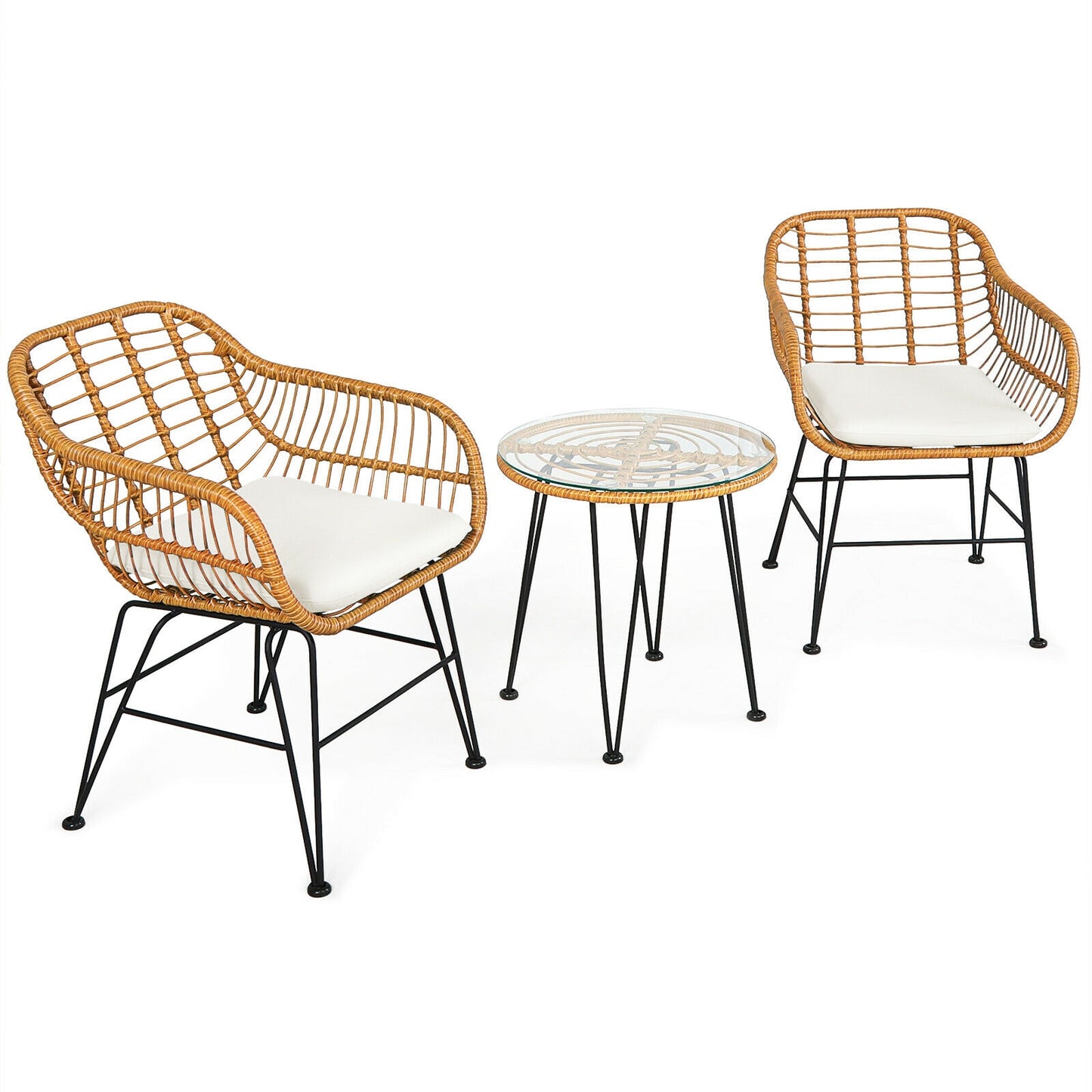 3 Pieces Rattan Furniture Set with Cushioned Chair Table-White  - Fully Assembled