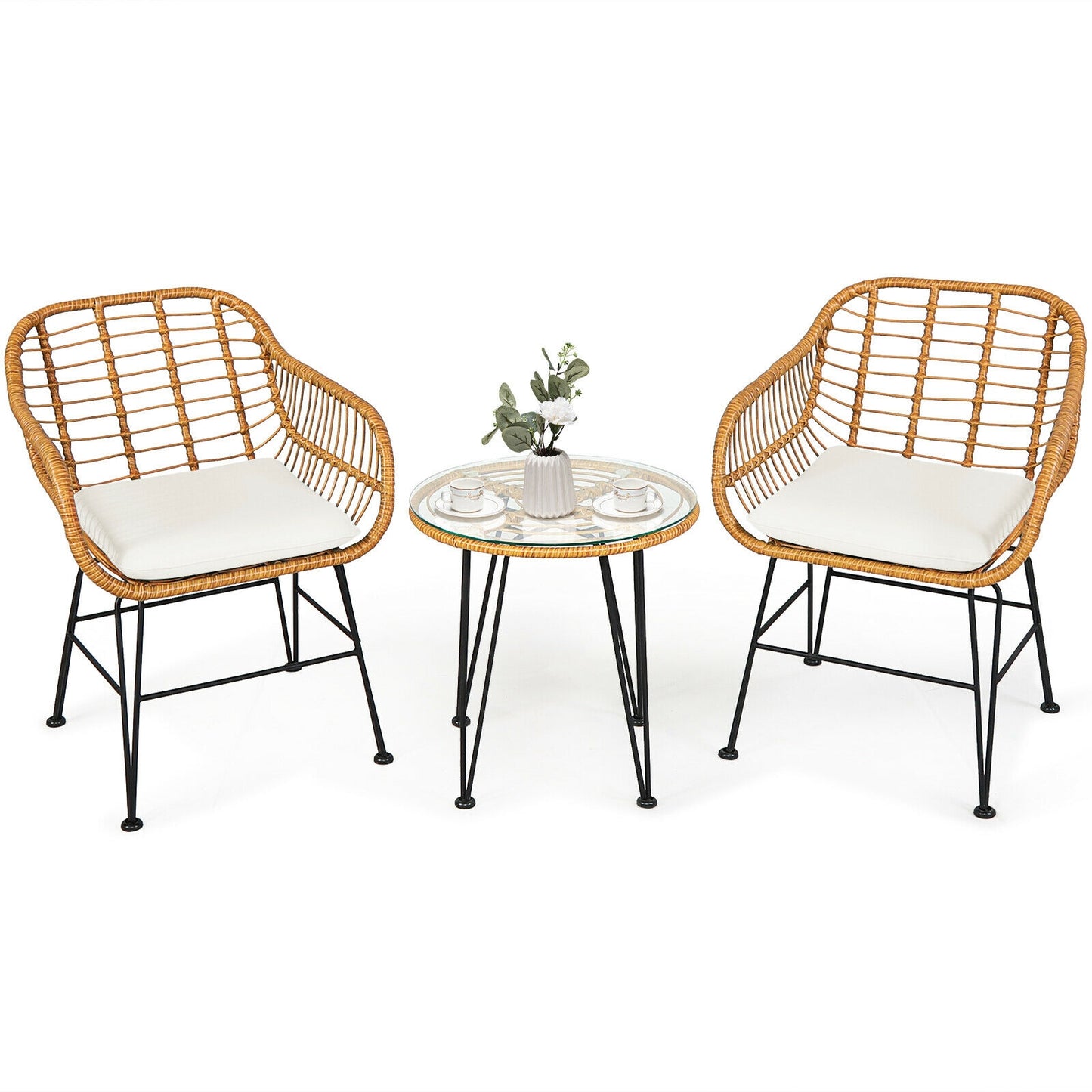 3 Pieces Rattan Furniture Set with Cushioned Chair Table-White  - Fully Assembled