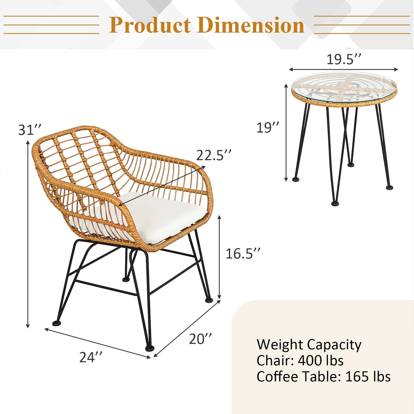 3 Pieces Rattan Furniture Set with Cushioned Chair Table-White  - Fully Assembled