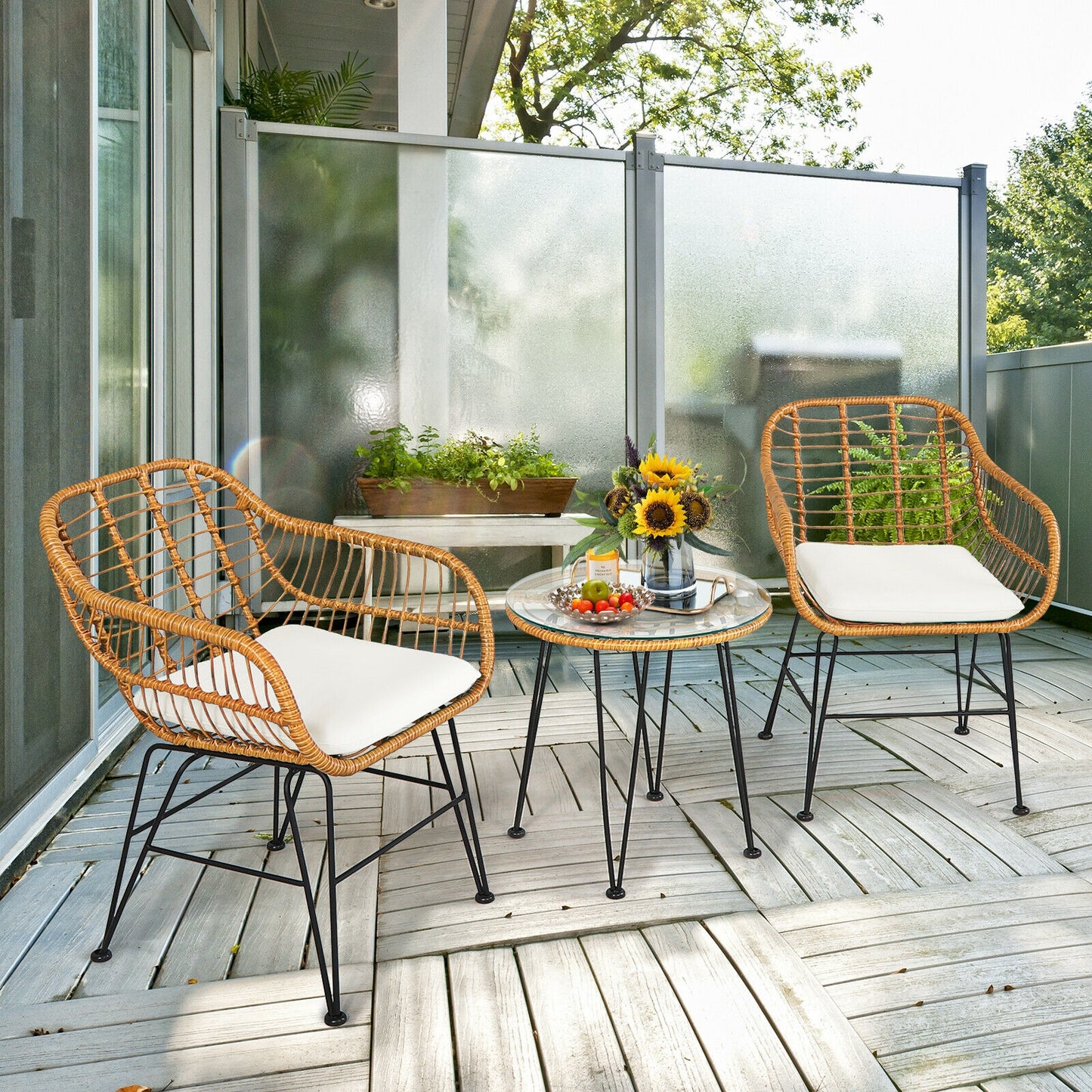 3 Pieces Rattan Furniture Set with Cushioned Chair Table-White  - Fully Assembled