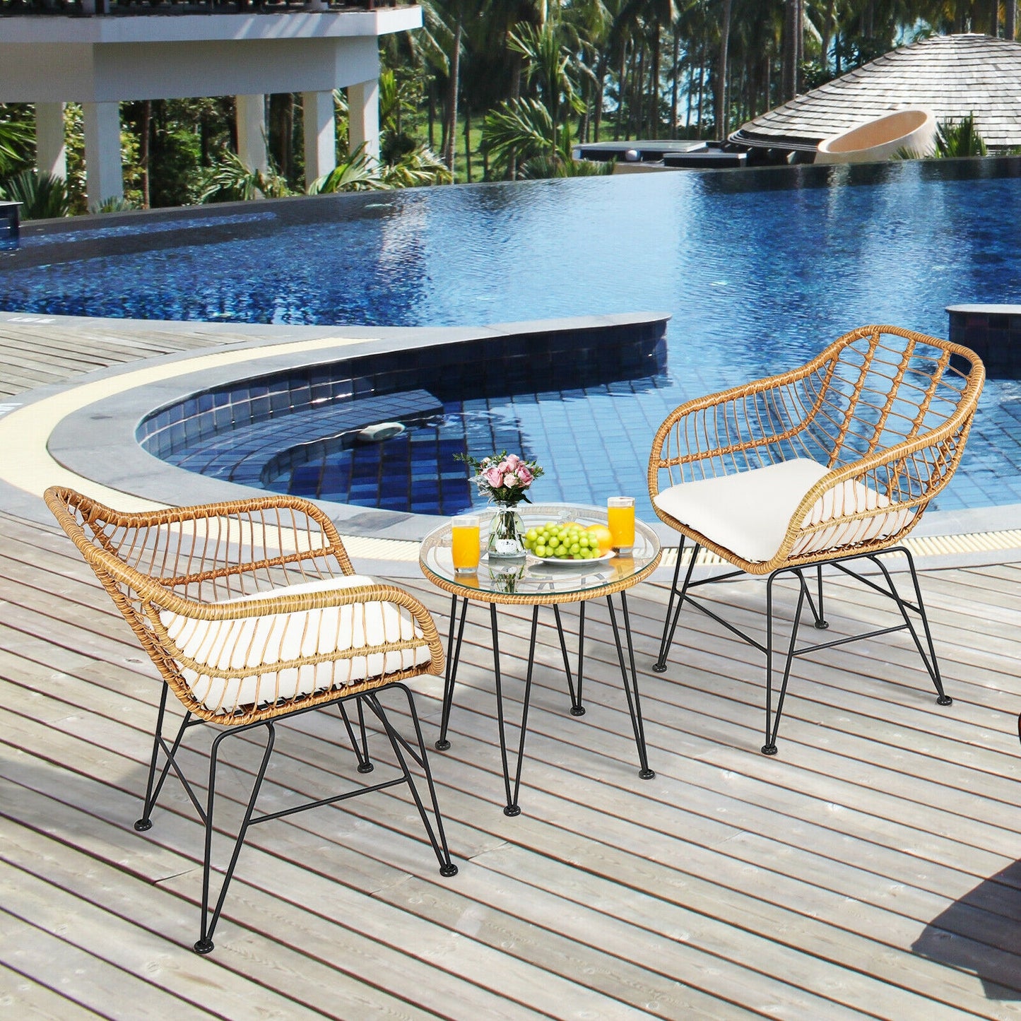 3 Pieces Rattan Furniture Set with Cushioned Chair Table-White  - Fully Assembled