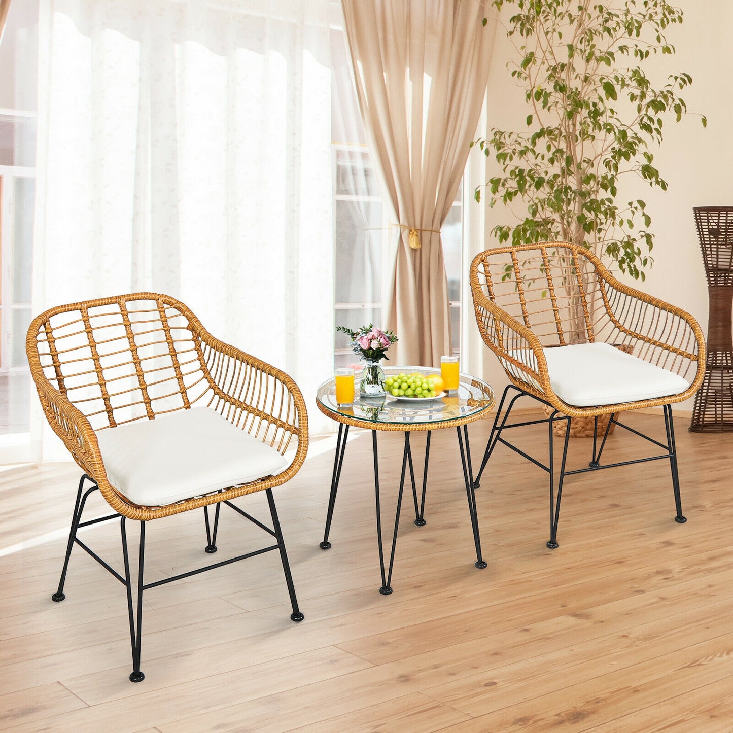 3 Pieces Rattan Furniture Set with Cushioned Chair Table-White  - Fully Assembled