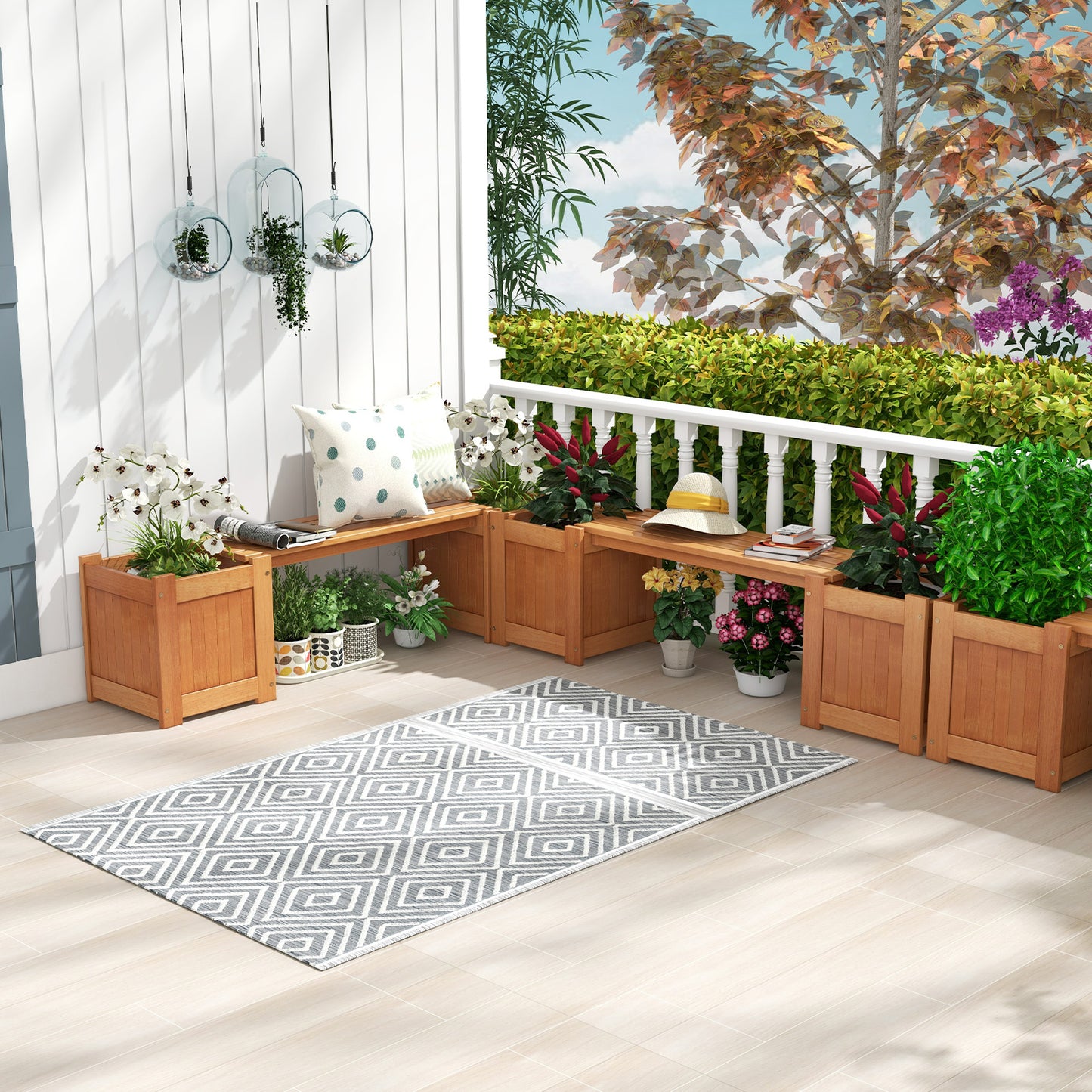 Wood Planter Box with Bench for Garden, Yard, Balcony, Fully Assembled