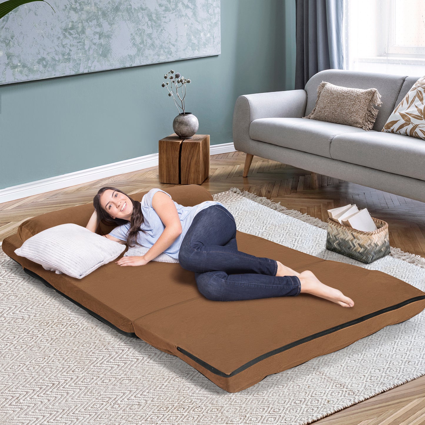 SPECIAL, Double 44.5``Wide, Foldable Floor 6-Position Adjustable Lounge Couch-Brown