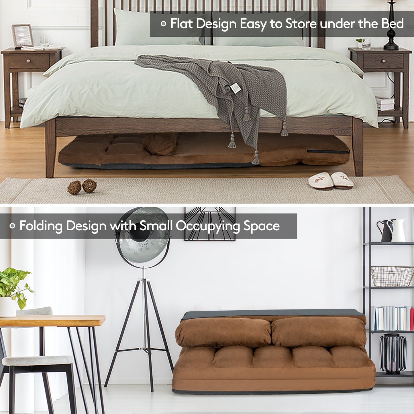 SPECIAL, Double 44.5``Wide, Foldable Floor 6-Position Adjustable Lounge Couch-Brown