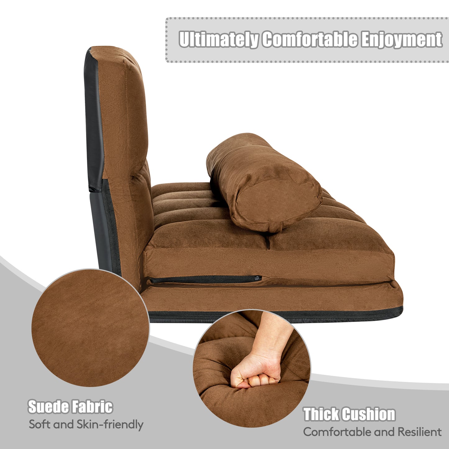 SPECIAL, Double 44.5``Wide, Foldable Floor 6-Position Adjustable Lounge Couch-Brown