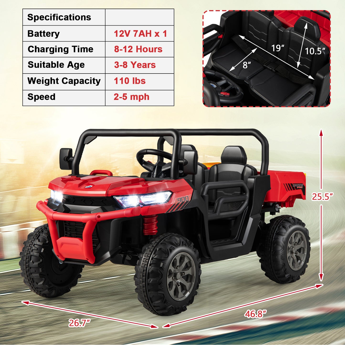 Large 47`` long 2-Seater Kids Ride On Dump Truck with Power Dump Bed, Fully Assembled, ages 3 - 8