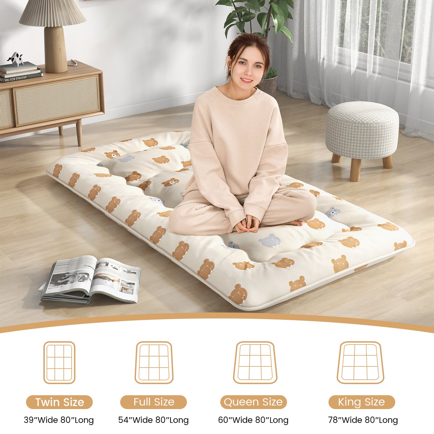 Foldable Futon Mattress with Washable Cover and Carry Bag for Camping-Full Size