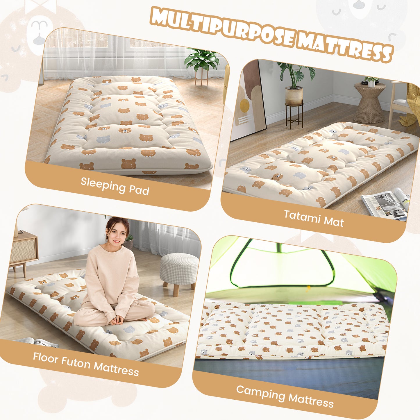 Foldable Futon Mattress with Washable Cover and Carry Bag for Camping-Full Size