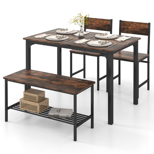 SCRATCH & DENT SPECIAL, 4 Pieces Rustic Dining Table Set with 2 Chairs and Bench-Rustic Brown