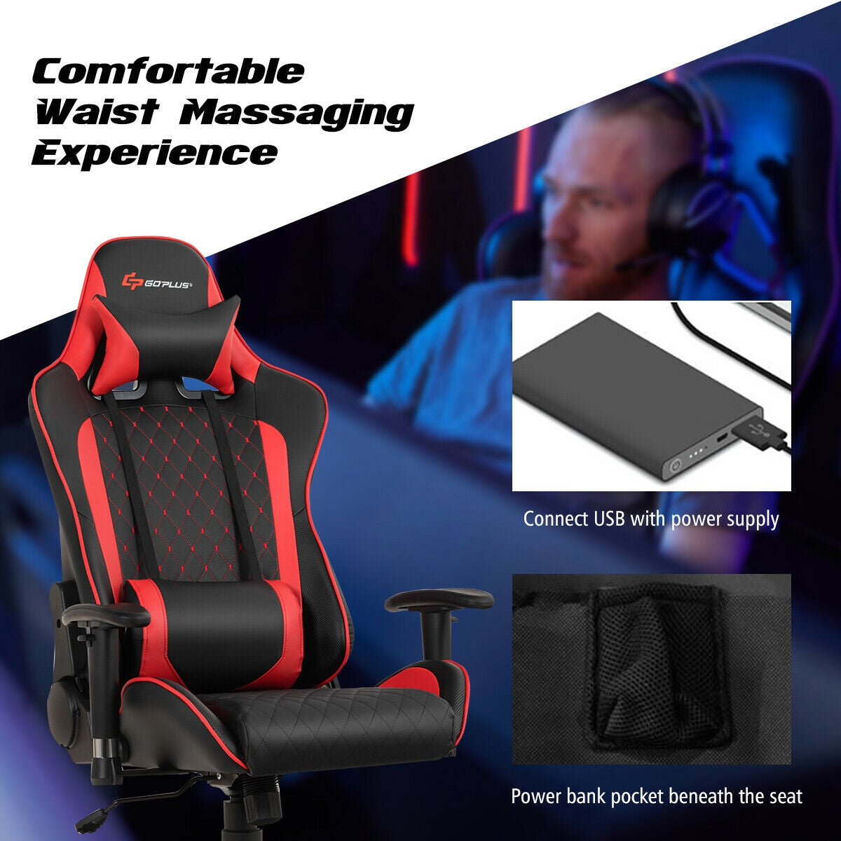 SPECIAL - Massage/Gaming Chair with Lumbar Support and Headrest-Red (Fully Assembled)