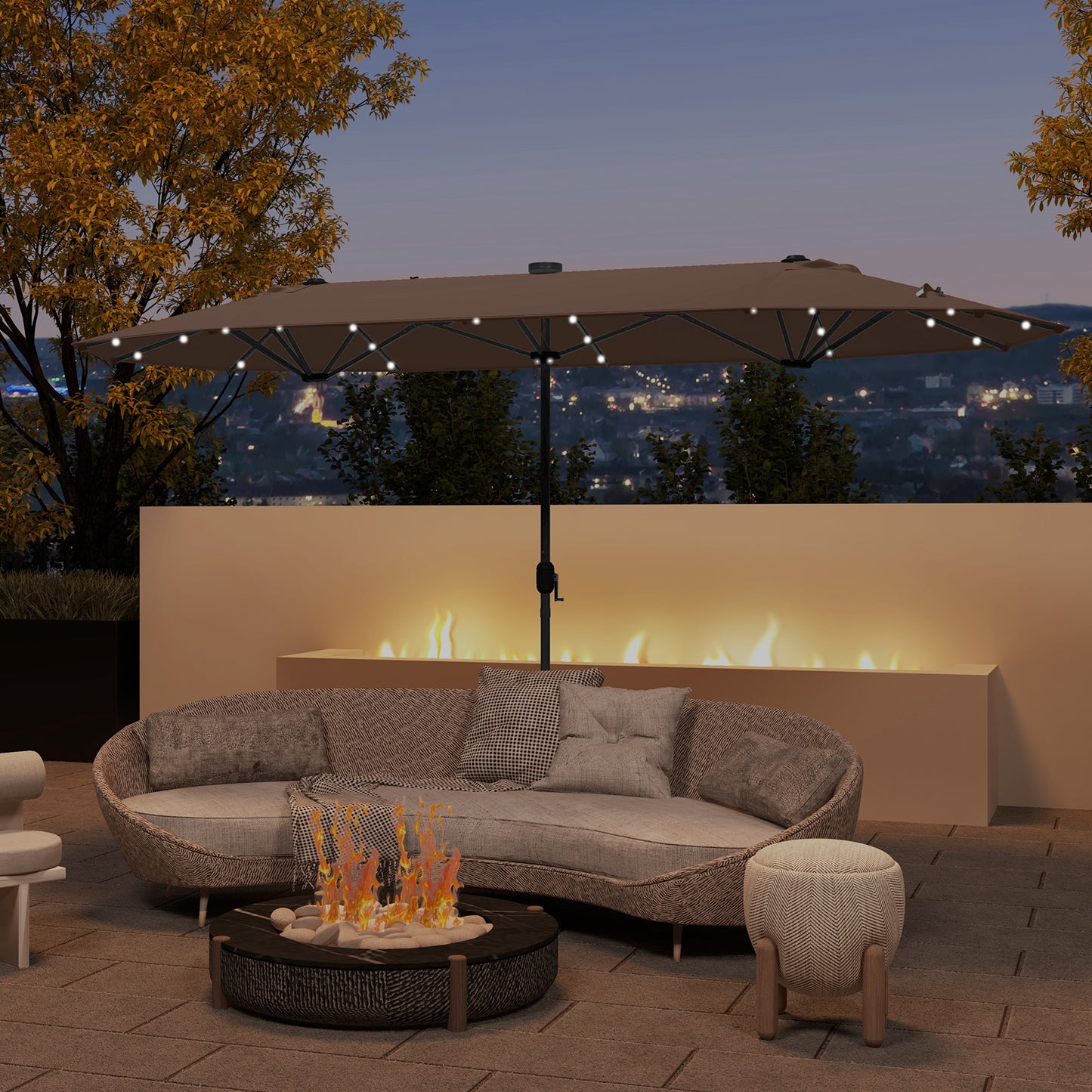 13FT Double-sided Patio Umbrella with Solar Lights for Garden Pool Backyard-Coffee (1 Box)