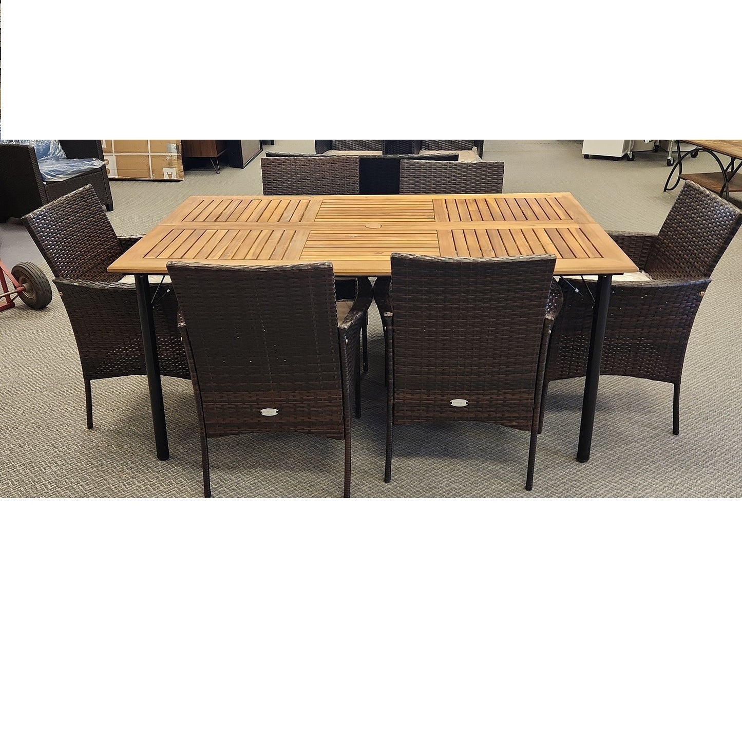 7Pcs Patio Rattan Dining Set with Umbrella Hole - Warm White  - Scratch and Dent