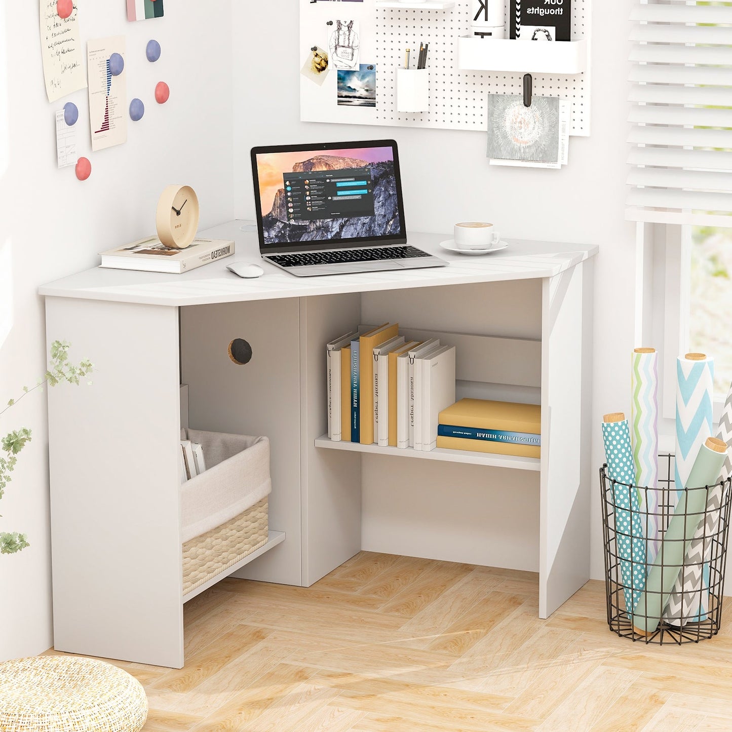Corner Computer Desk Triangle Writing Workstation with Storage Shelf-White