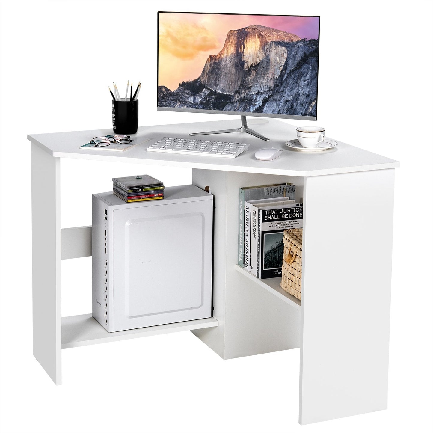 Corner Computer Desk Triangle Writing Workstation with Storage Shelf-White