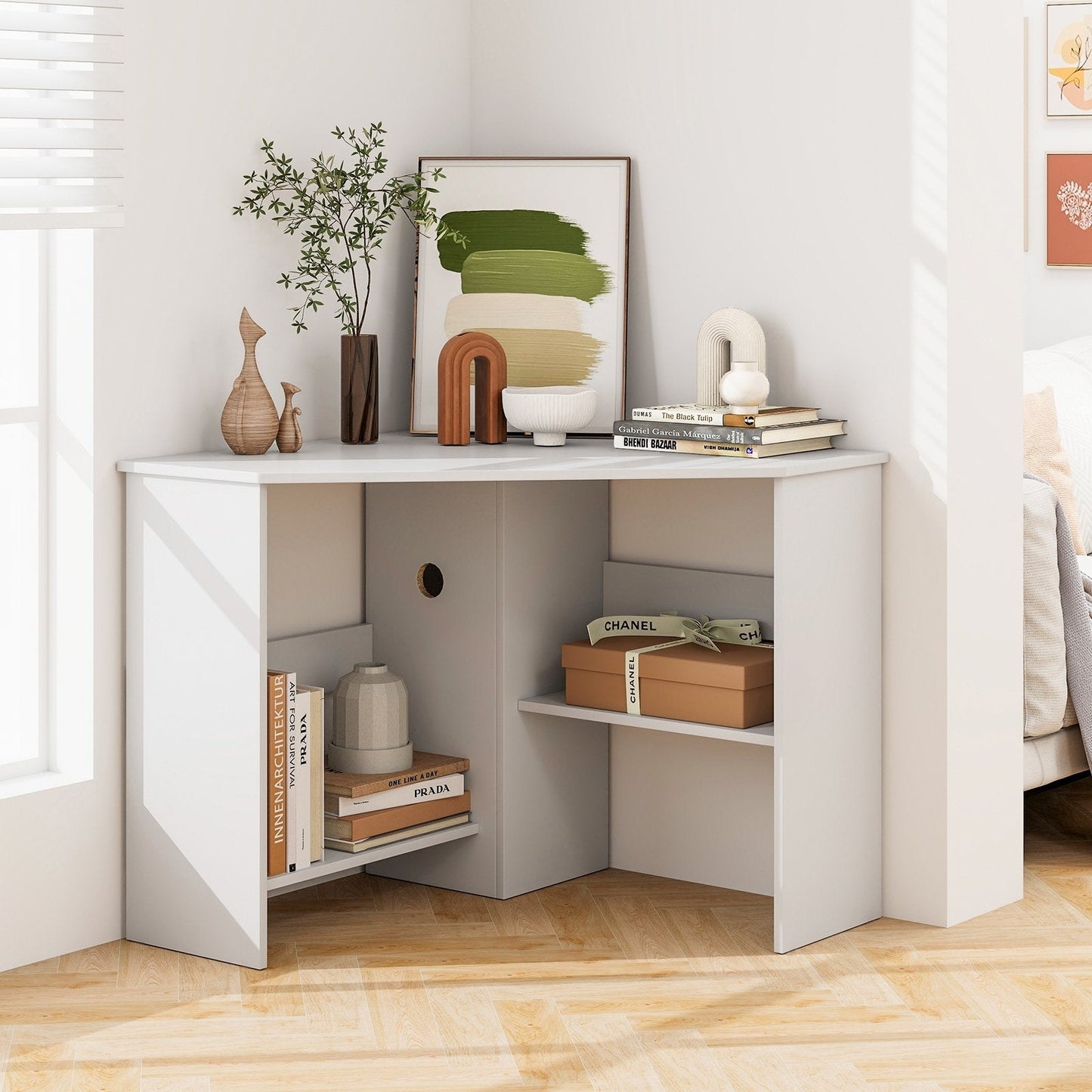 Corner Computer Desk Triangle Writing Workstation with Storage Shelf-White