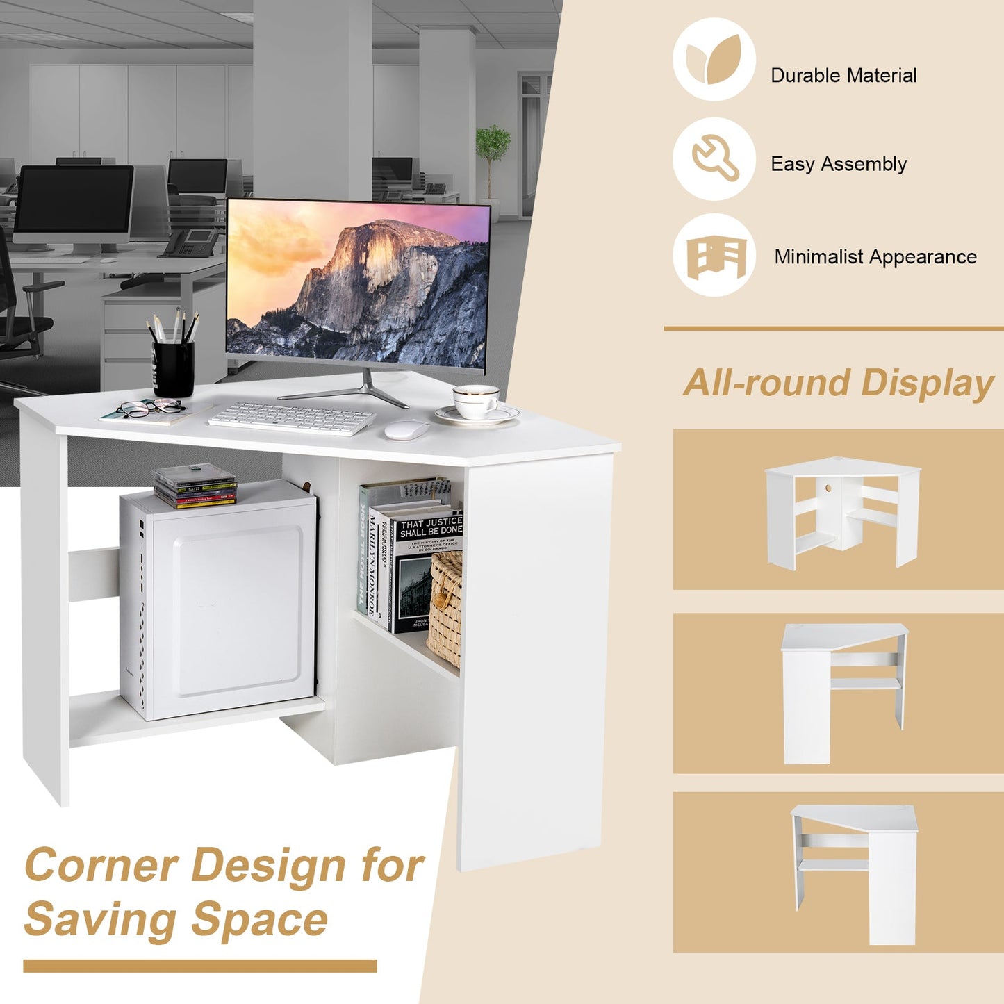 Corner Computer Desk Triangle Writing Workstation with Storage Shelf-White