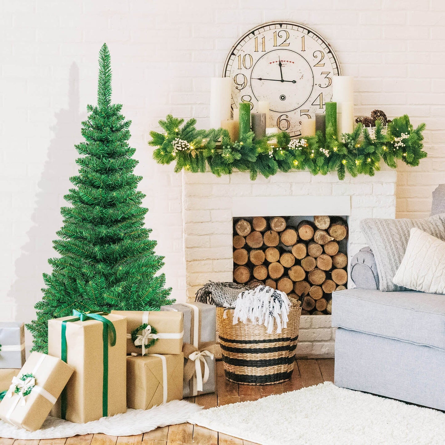 4.5 ft Pre-Lit Premium Hinged Artificial Fir Pencil Christmas Tree with LED Lights-Warm White