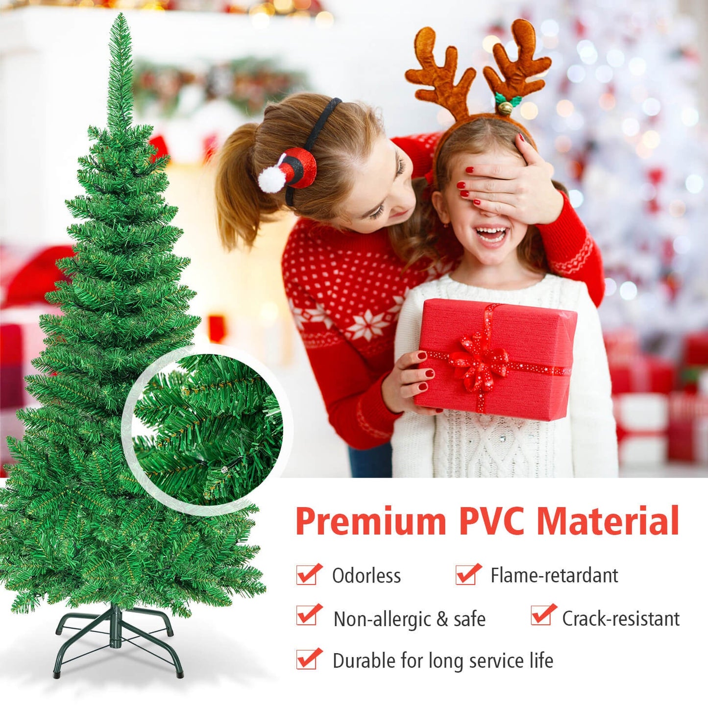 4.5 ft Pre-Lit Premium Hinged Artificial Fir Pencil Christmas Tree with LED Lights-Warm White