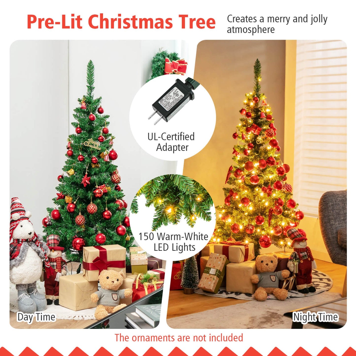 4.5 ft Pre-Lit Premium Hinged Artificial Fir Pencil Christmas Tree with LED Lights-Warm White