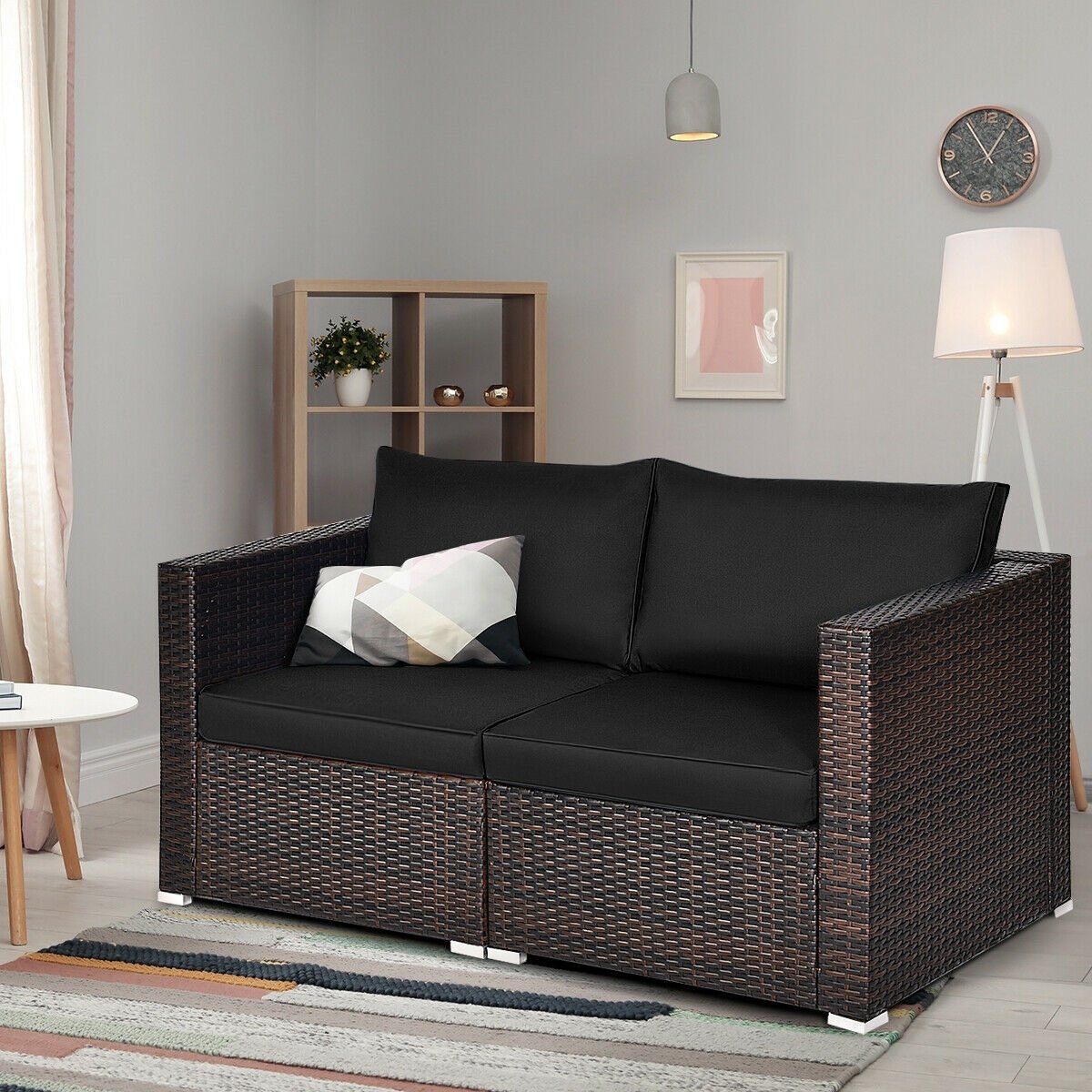 3 Pieces Patio Rattan Sectional Conversation Sofa Set with Coffee Table-Black
