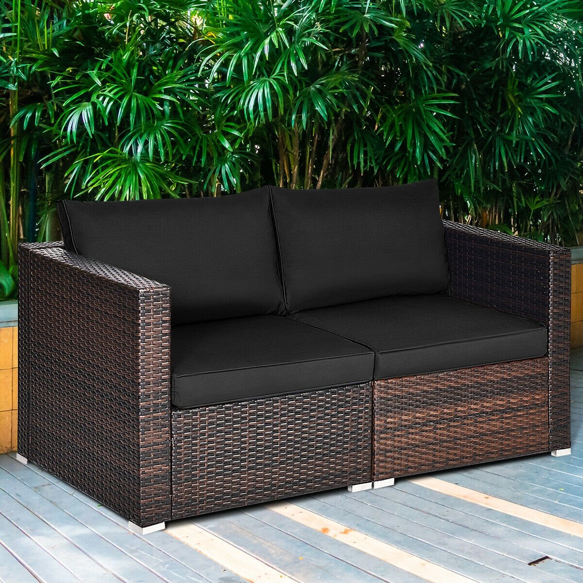 3 Pieces Patio Rattan Sectional Conversation Sofa Set with Coffee Table-Black