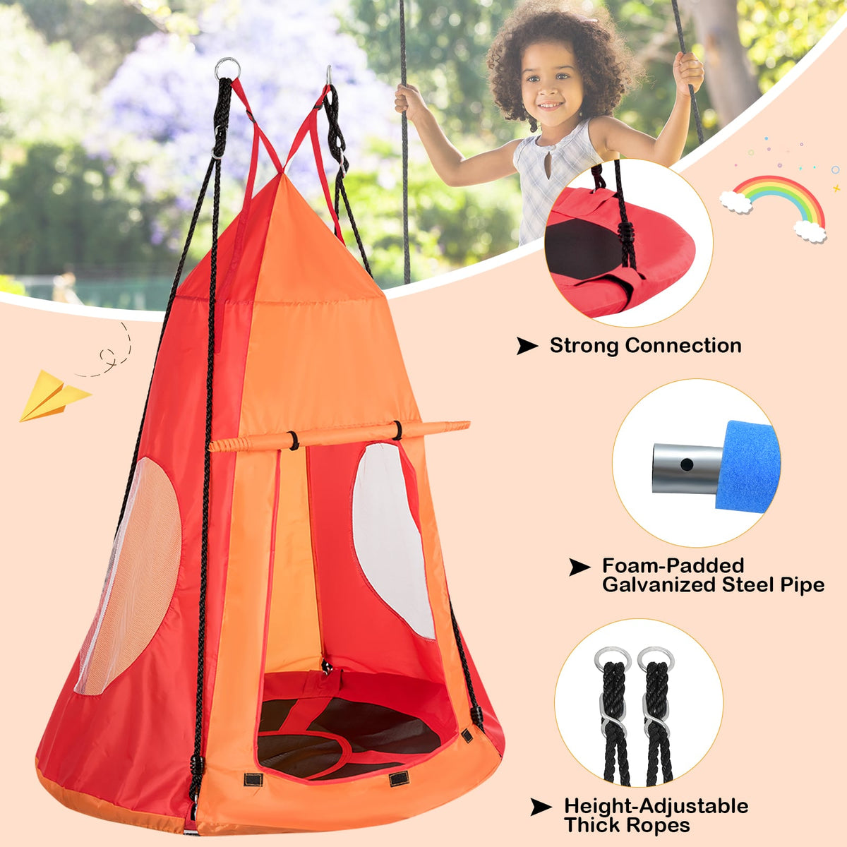 2-in-1 40 Inch Kids Hanging Chair Detachable Swing Tent Set-Orange test