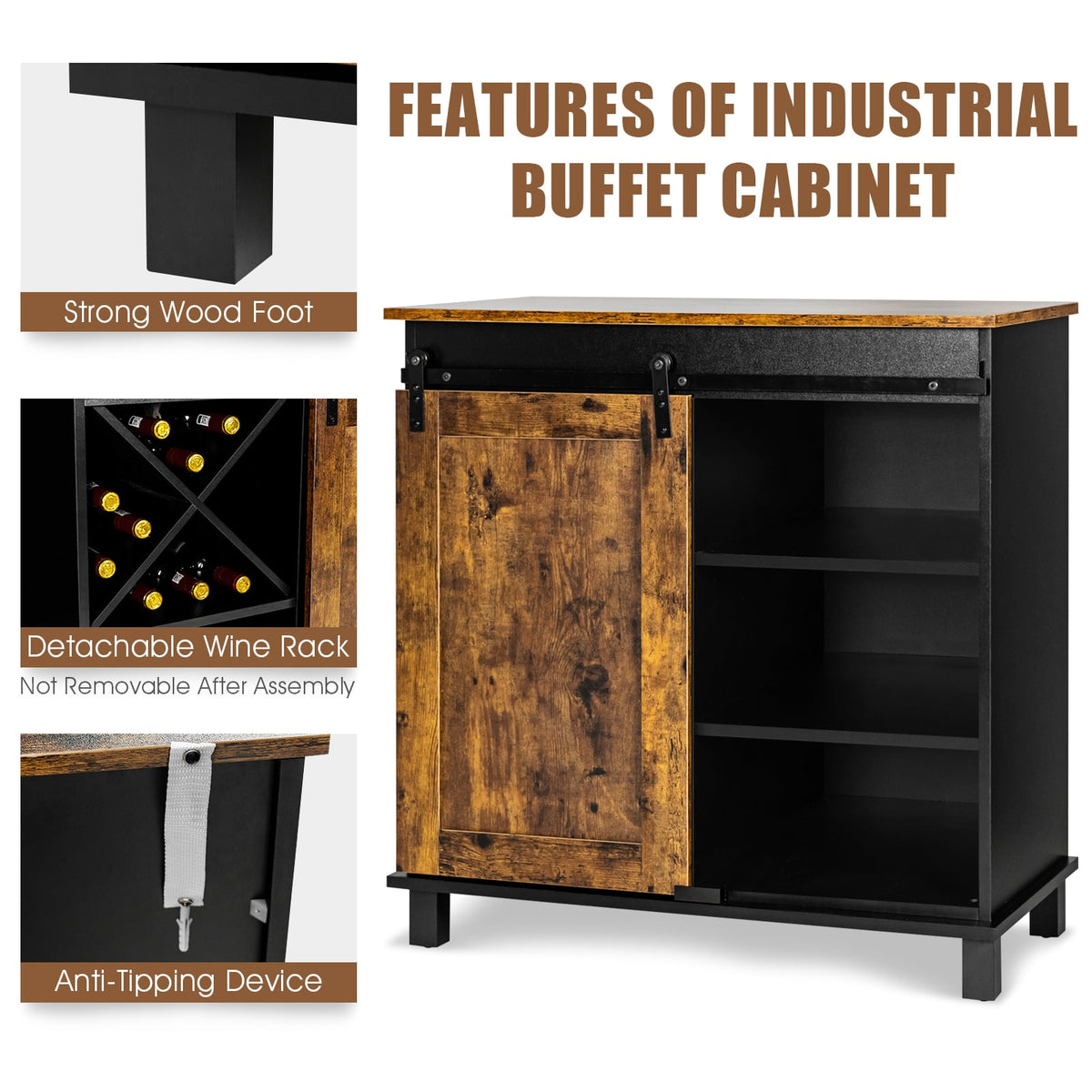 Industrial Storage Cabinet with Sliding Barn Door-Rustic Brown