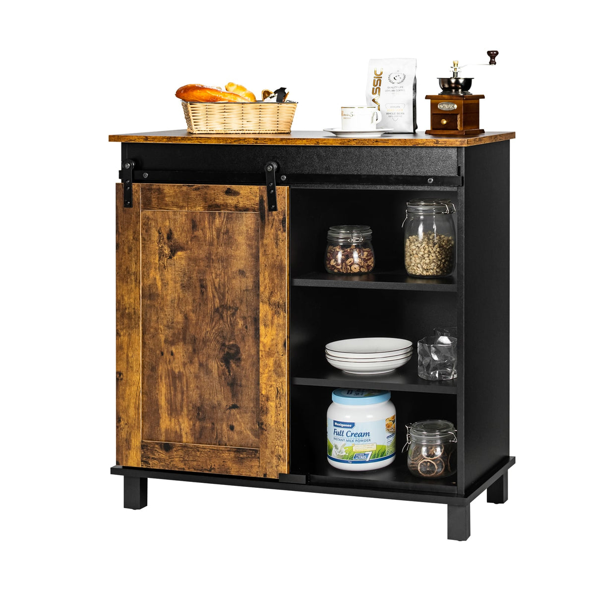 Industrial Storage Cabinet with Sliding Barn Door-Rustic Brown