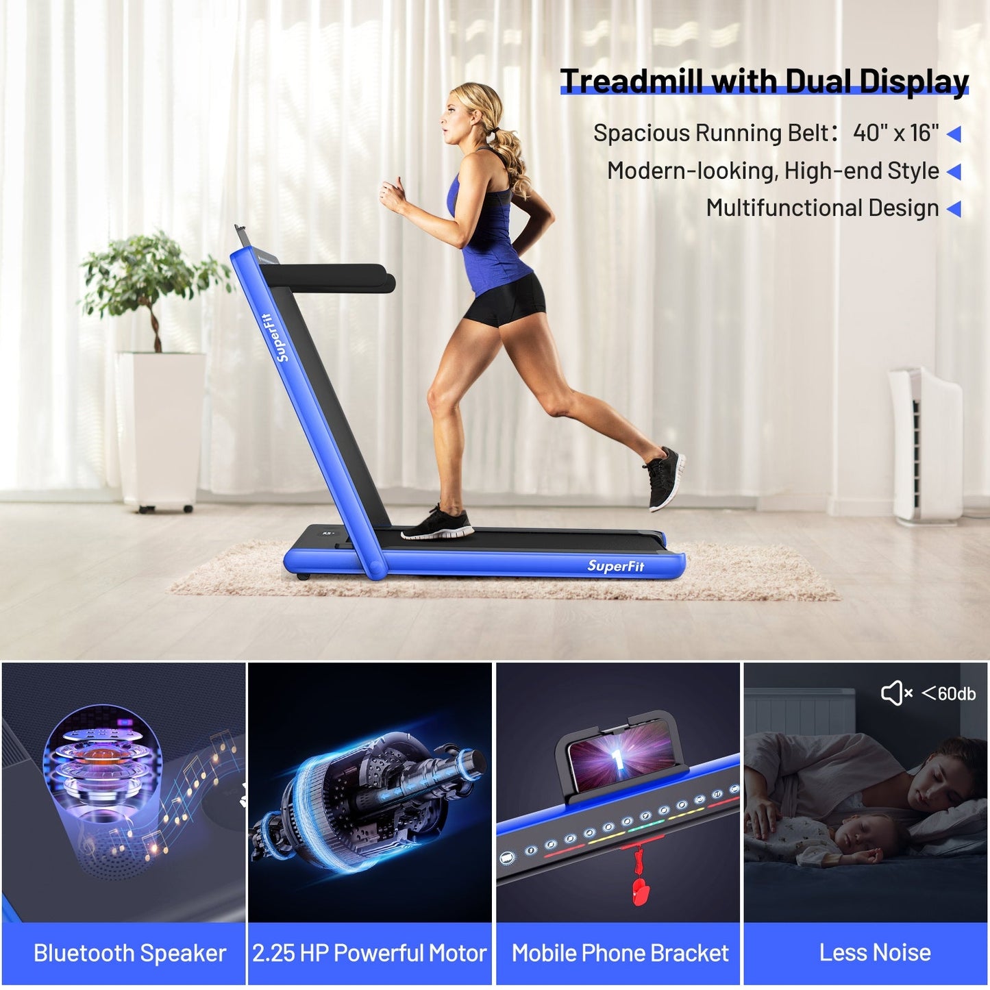 SPECIAL - 2-in-1 Electric Motorized Health and Fitness Folding Treadmill with Dual Display-Blue (Max265 lbs)