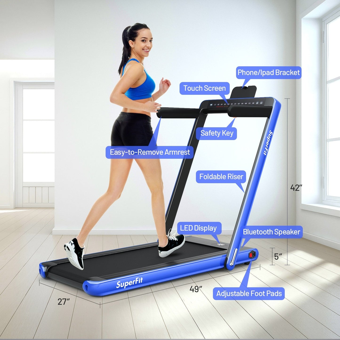 SPECIAL - 2-in-1 Electric Motorized Health and Fitness Folding Treadmill with Dual Display-Blue (Max265 lbs)