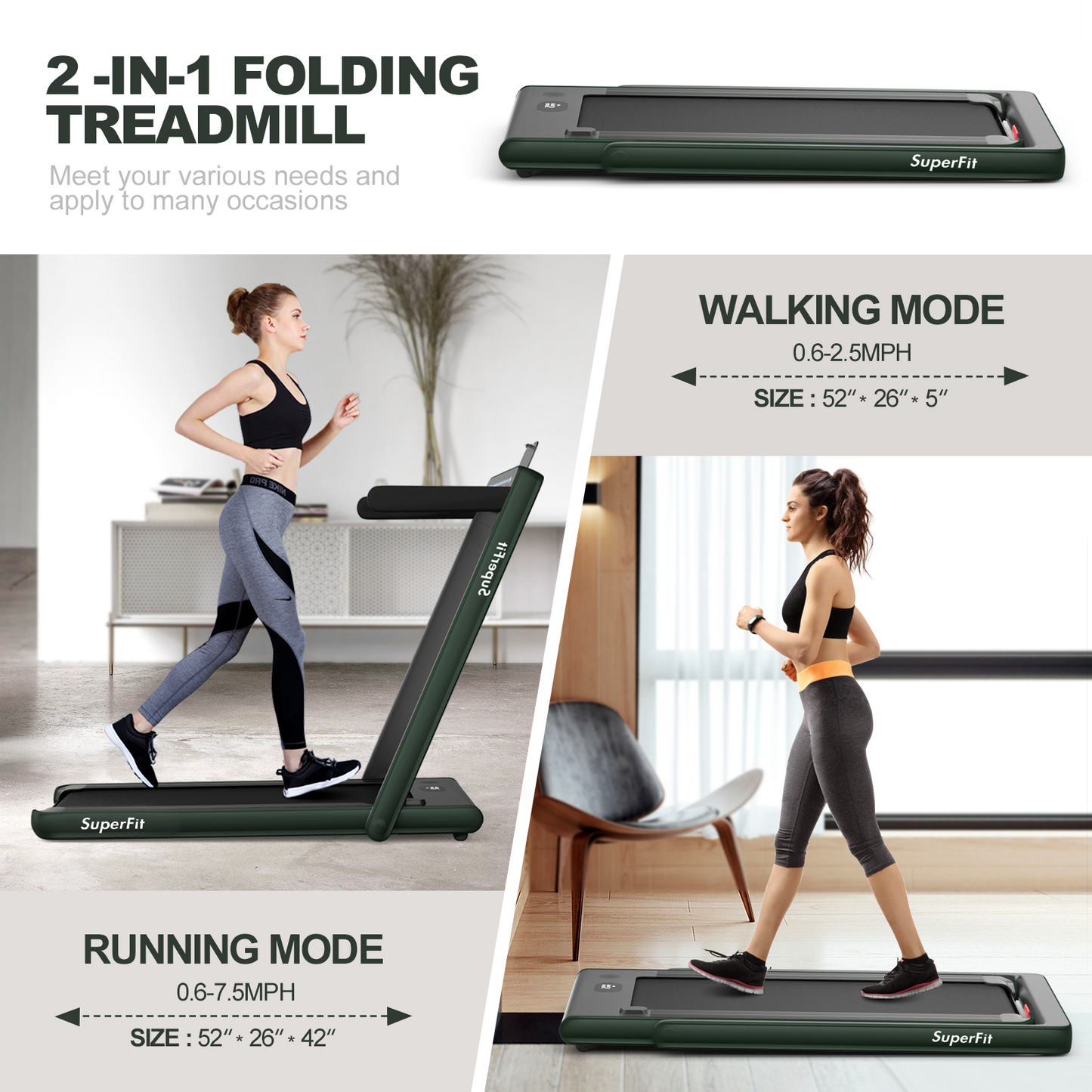 SPECIAL - 2-in-1 Electric Fitness Folding Treadmill-Green MAX 265 lbs (Shipping Damage)