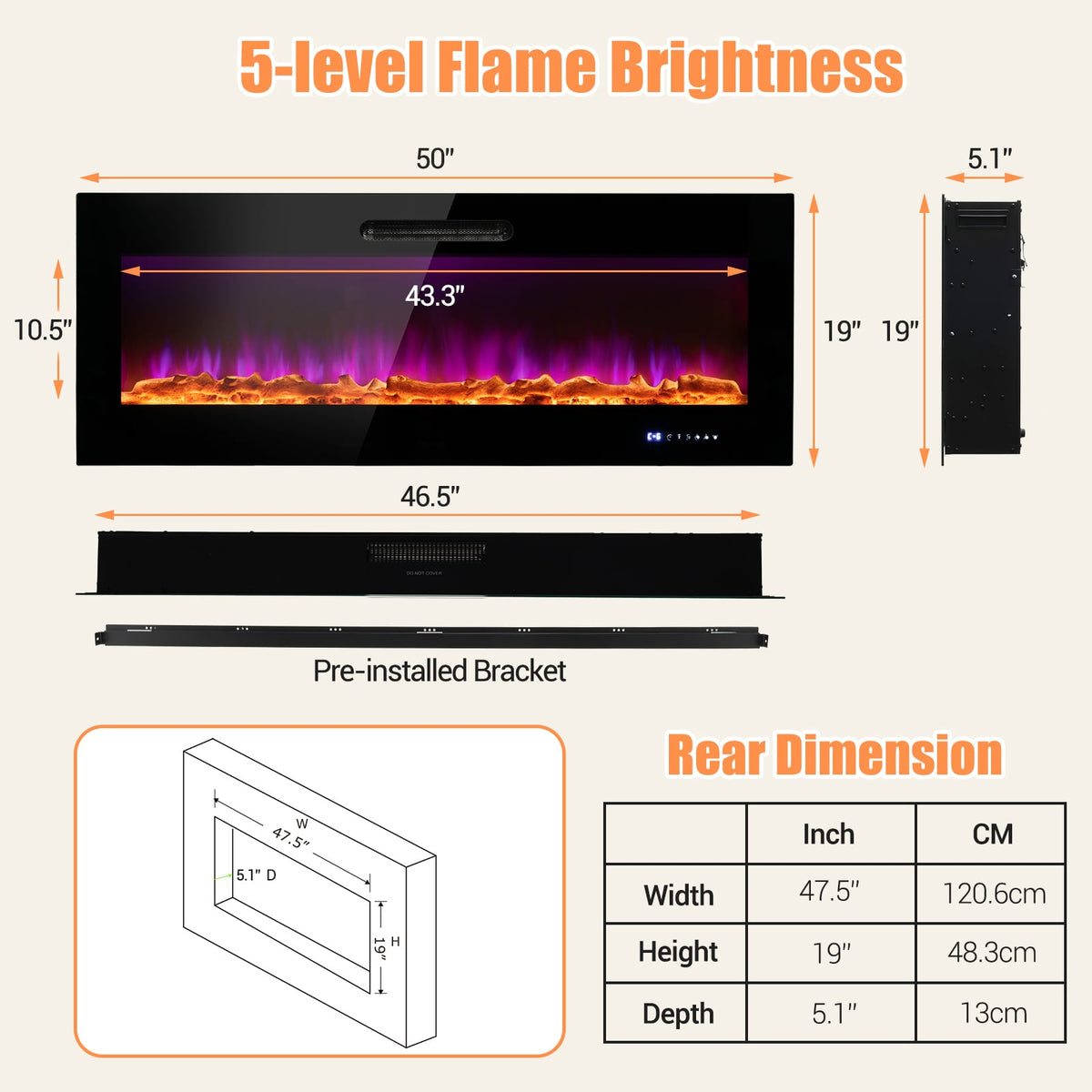 50/60 Inch Wall Mounted Recessed Electric Fireplace, MISSING REMOTE