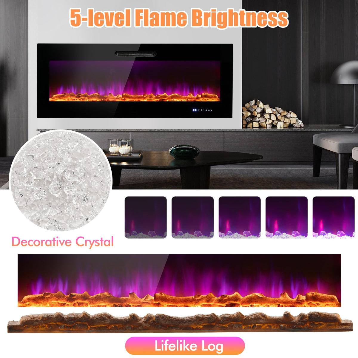 50/60 Inch Wall Mounted Recessed Electric Fireplace, MISSING REMOTE