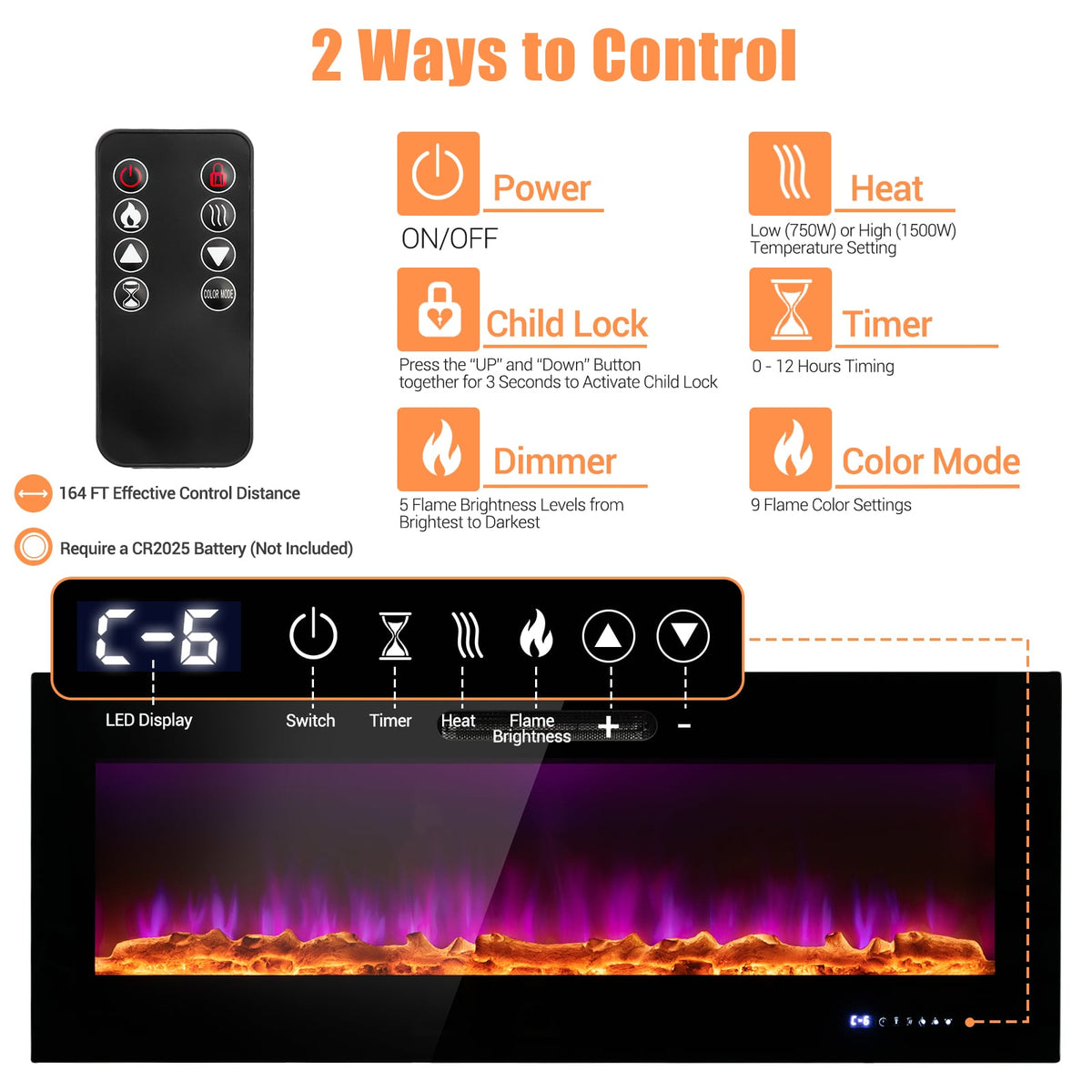 50/60 Inch Wall Mounted Recessed Electric Fireplace, MISSING REMOTE