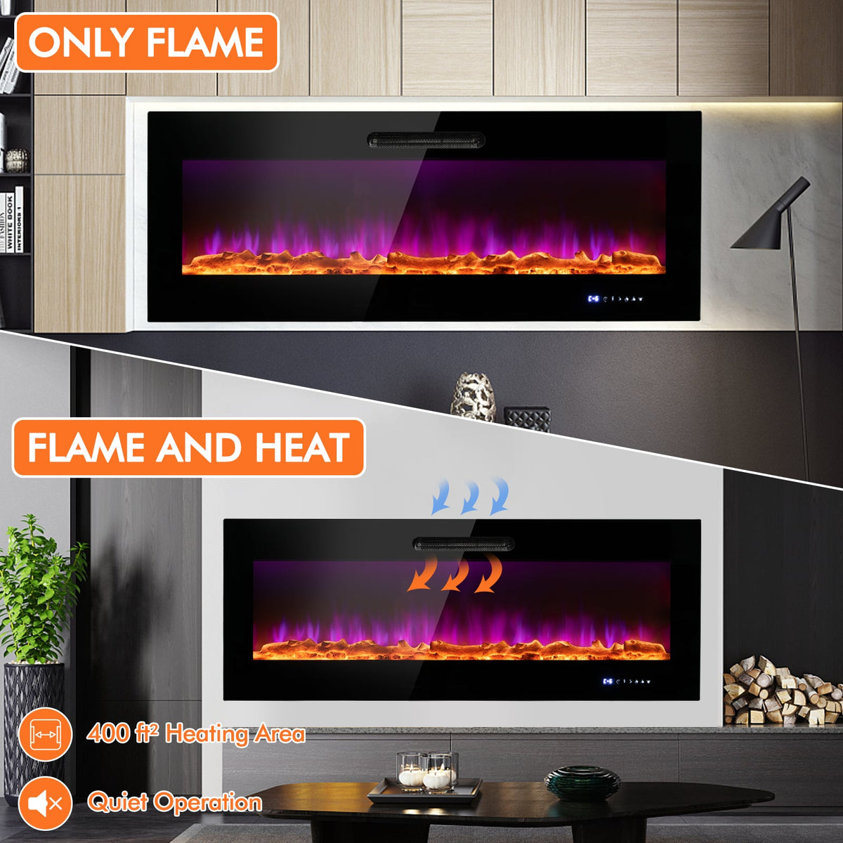 50/60 Inch Wall Mounted Recessed Electric Fireplace, MISSING REMOTE