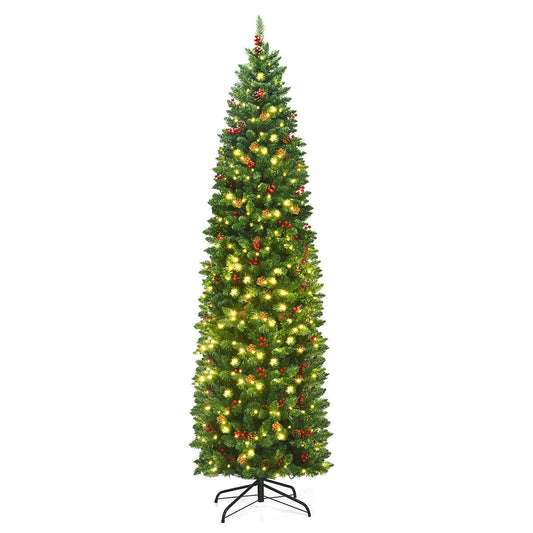 7.5 Feet Pre-lit Hinged Pencil Christmas Tree with Pine Cones Red Berries, Final Sale