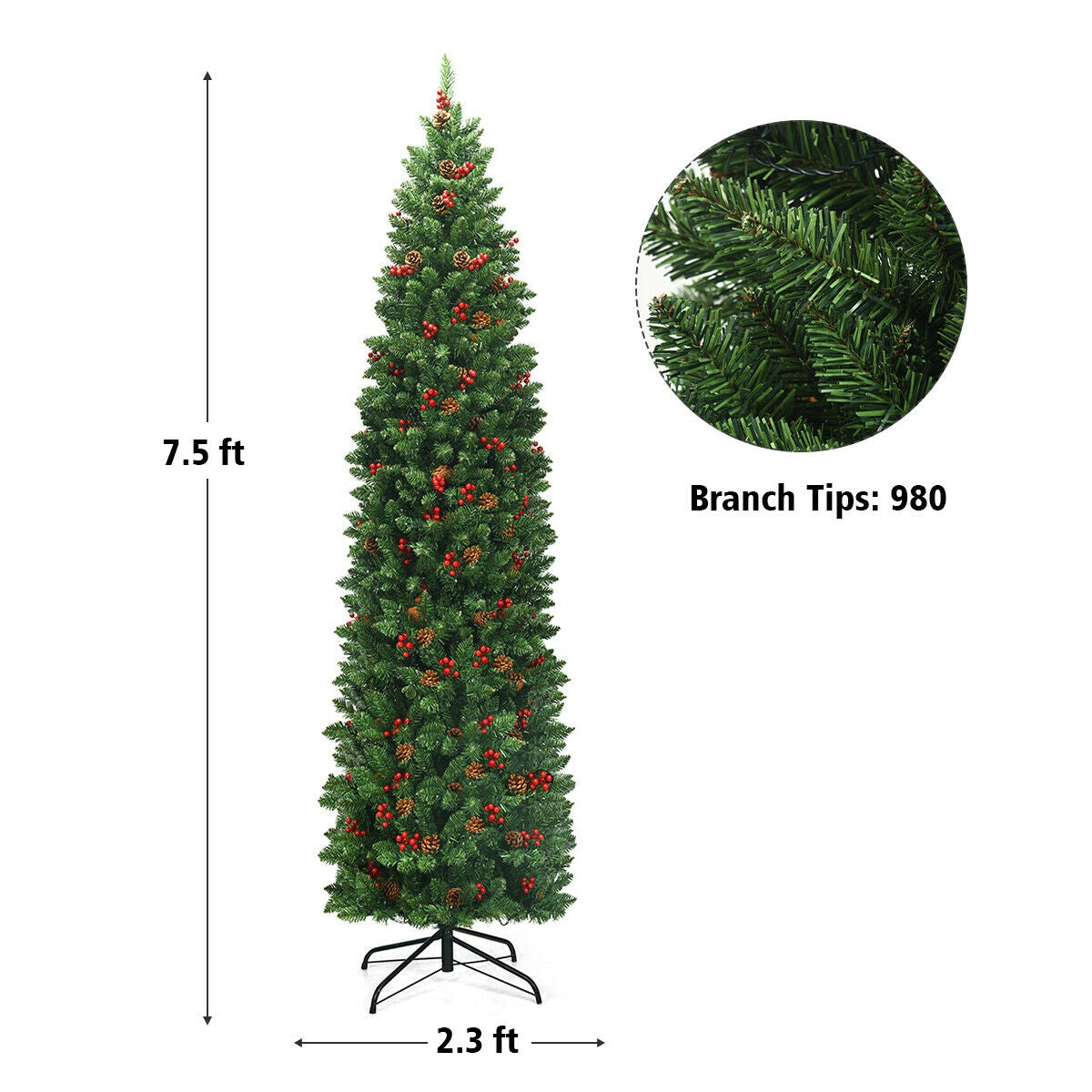7.5 Feet Pre-lit Hinged Pencil Christmas Tree with Pine Cones Red Berries, Final Sale