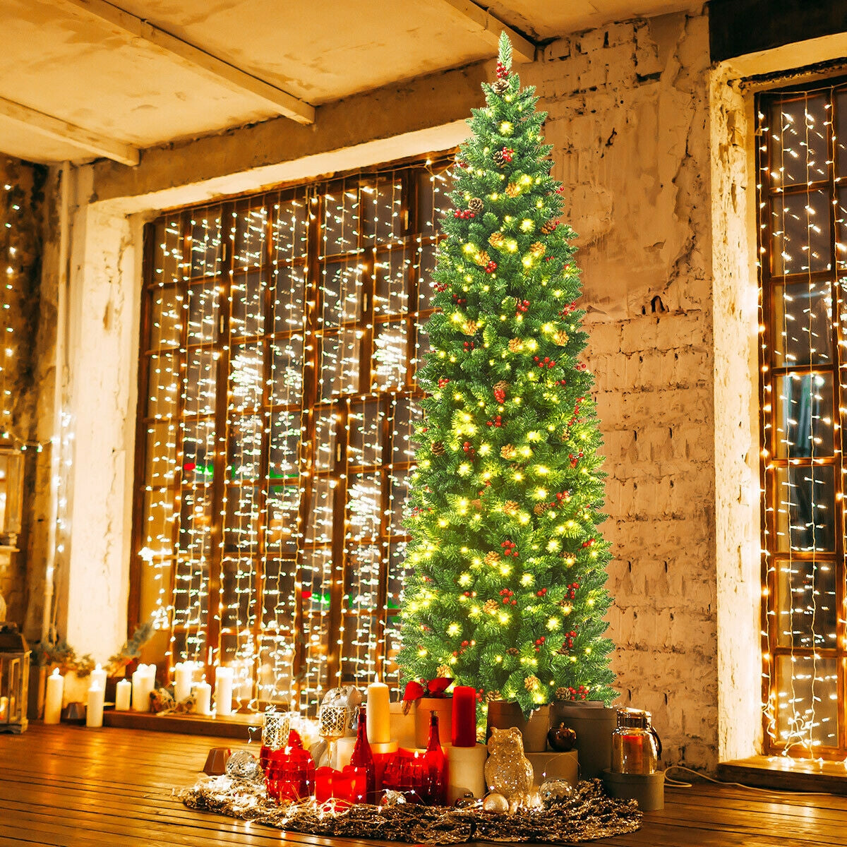 7.5 Feet Pre-lit Hinged Pencil Christmas Tree with Pine Cones Red Berries, Final Sale