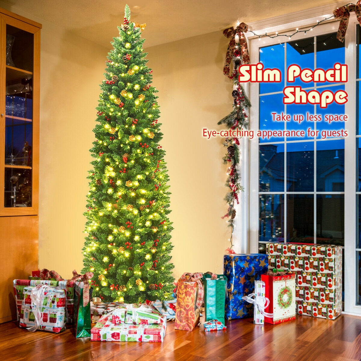 7.5 Feet Pre-lit Hinged Pencil Christmas Tree with Pine Cones Red Berries, Final Sale