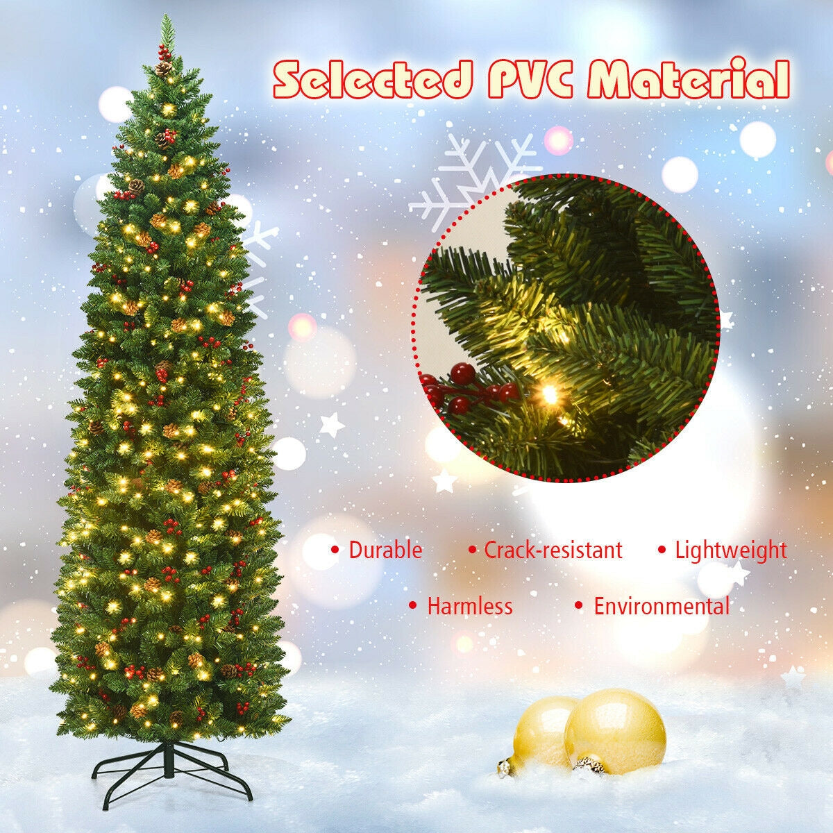 7.5 Feet Pre-lit Hinged Pencil Christmas Tree with Pine Cones Red Berries, Final Sale